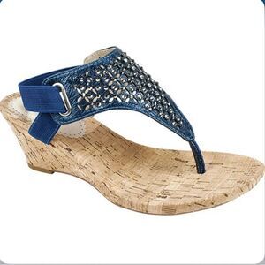 White Mountain ARNETTE Sapphire Blue Rhinestone Thong Toe Cork Wedge Sandals